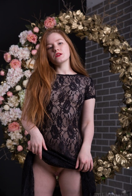 Молодая одинокая девушка с длинными рыжими волосами гордо показывает свою подстриженную киску в обнаженном виде 2