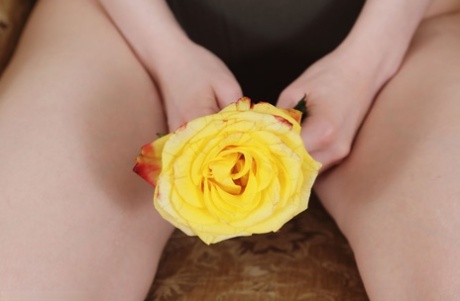 Бледно-рыжая Джиа Лисса дразнит свою киску на посадочной полосе желтой розой 1