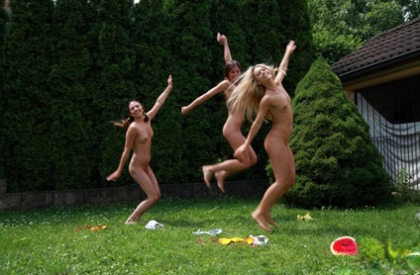 Молодая блондинка Сабрина Блонд и ее подружки лесбиянки ползают по лужайке в обнаженном виде 9