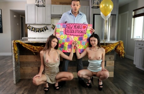 Азиатские подростки Майя Вулф и Лулу Чу занимаются сексом втроем на новогодней вечеринке 8